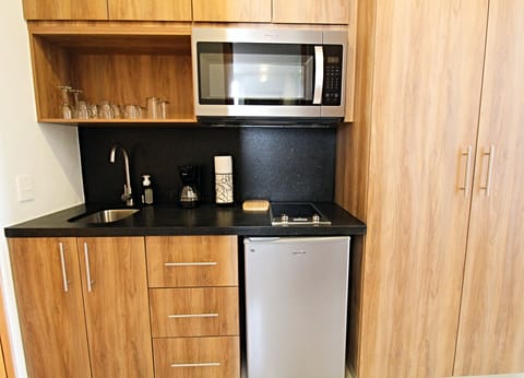 Fridge, microwave, stovetop, coffee/tea maker