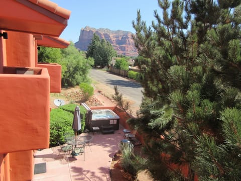 Balcony that shows the views and your large patio space with 2 hot tubs.