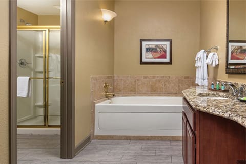 Combined shower/tub, jetted tub, hair dryer, towels