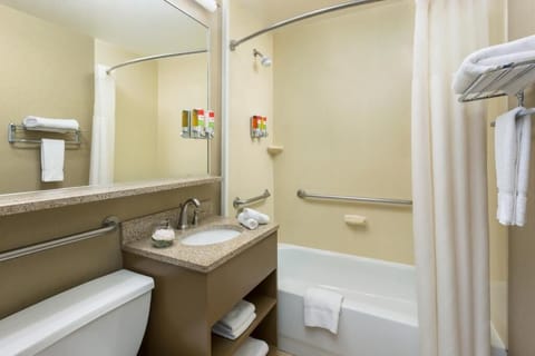 Bathroom with shower and tub. Basic toiletries and towels are provided