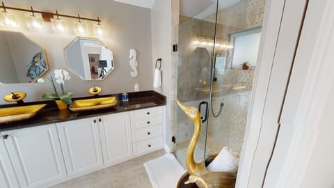 Combined shower/tub, hair dryer, bidet, towels