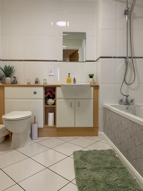 Combined shower/tub, hair dryer, towels, soap