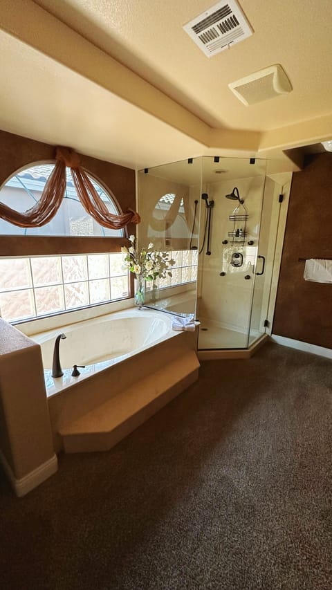 Combined shower/tub, hair dryer, towels, toilet paper