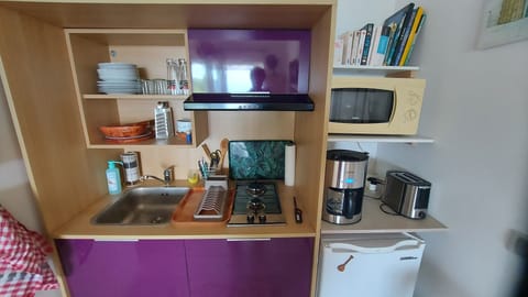 Fridge, microwave, stovetop, coffee/tea maker