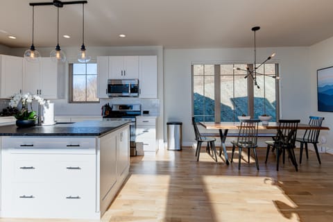 Designated dining space, comfortably fitting 8