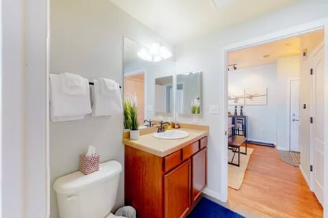 Combined shower/tub, hair dryer, towels, soap