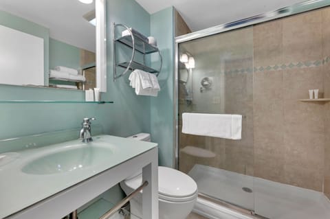 Combined shower/tub, hair dryer, towels