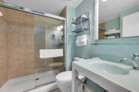 Combined shower/tub, hair dryer, towels