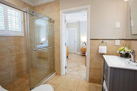 Combined shower/tub, hair dryer, towels