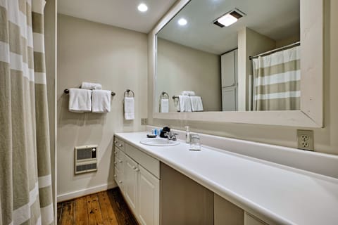 Combined shower/tub, hair dryer, towels