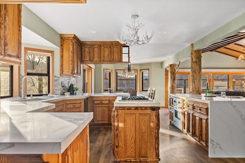 Massive gourmet kitchen is an absolute dream with an enormous 9 foot quartz island and top of the line Viking oven.