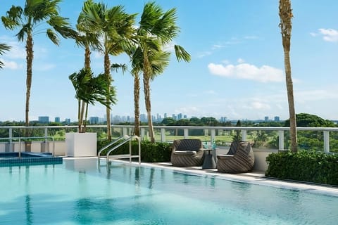 A rooftop pool, sun loungers