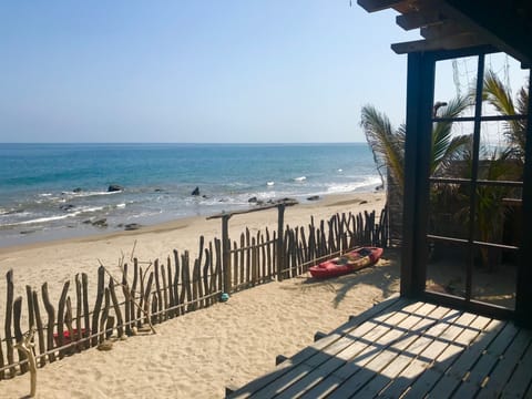 On the beach, sun loungers