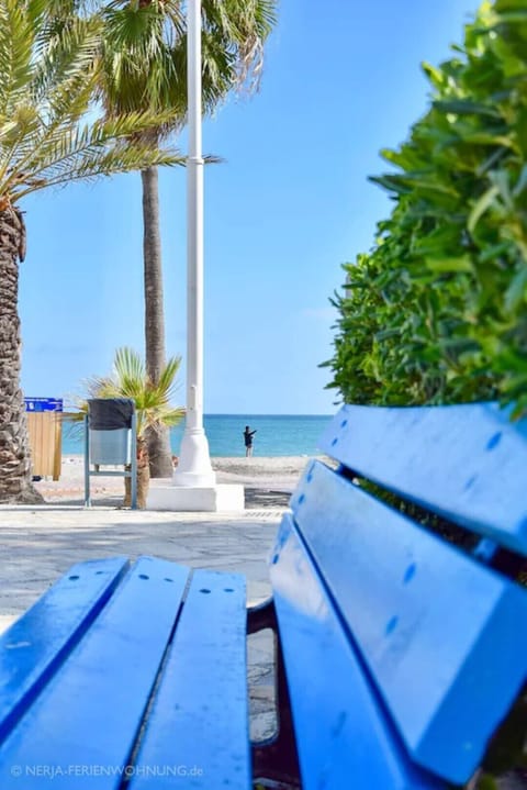 On the beach, sun loungers