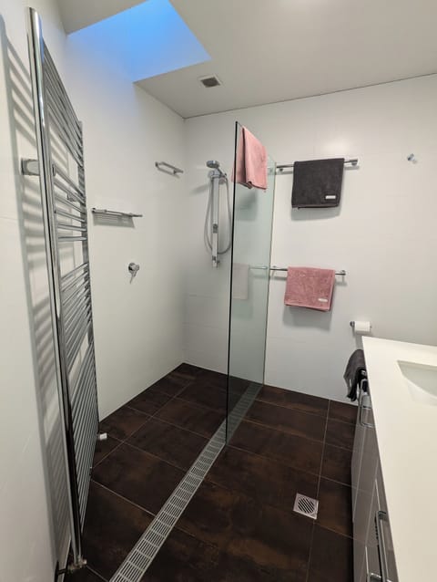 Combined shower/tub, hair dryer, towels, soap