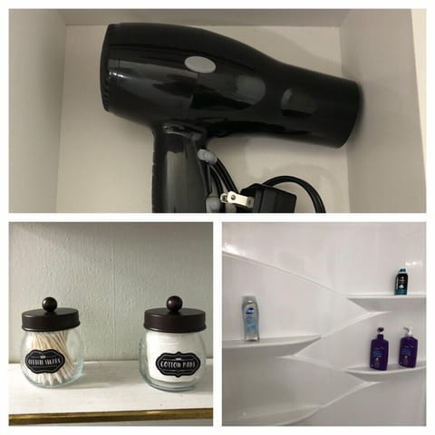 Hair dryer, towels, soap, shampoo