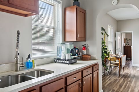 A Keurig coffee station and electric kettle will satisfy your caffeine needs.