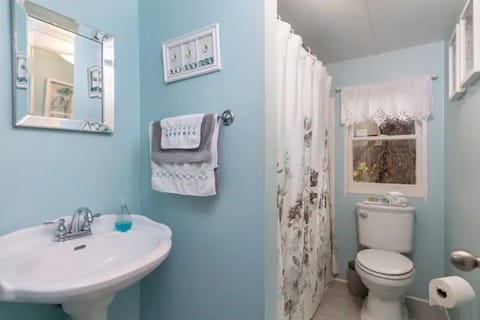 Combined shower/tub, hair dryer, towels, soap