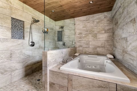 Combined shower/tub, jetted tub, hair dryer, towels