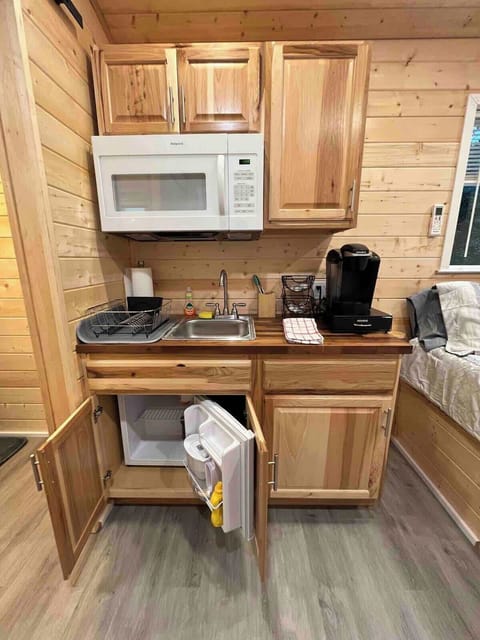 Fridge, microwave, stovetop, coffee/tea maker