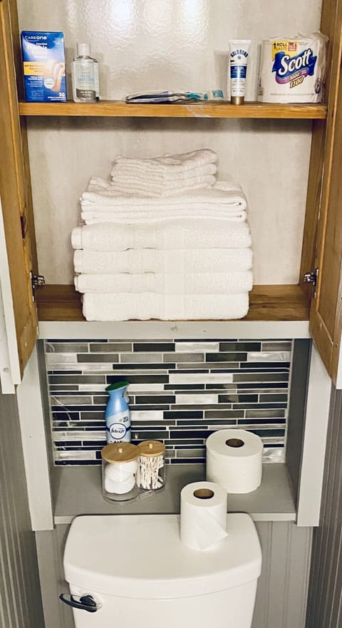 Combined shower/tub, hair dryer, towels, soap