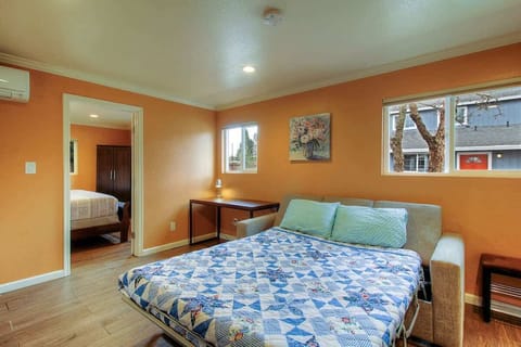 Pull out bed in sofa with enough rom for 2 to sleep comfortably. Extra linens and pillows in the armoire located inside the bedroom.