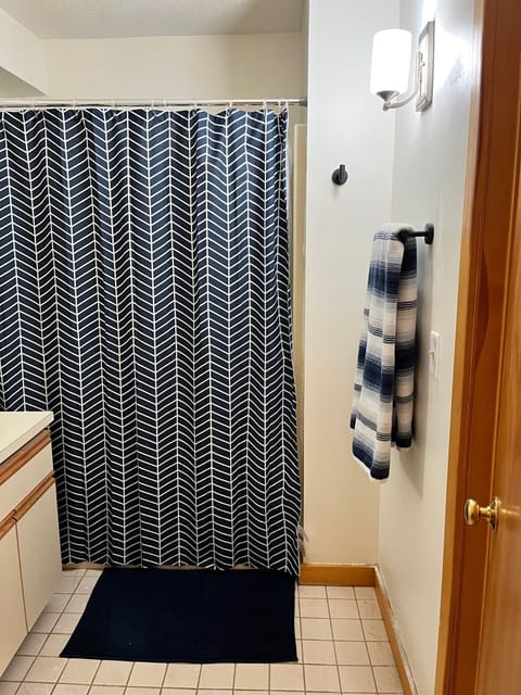 Shower, jetted tub, hair dryer, towels