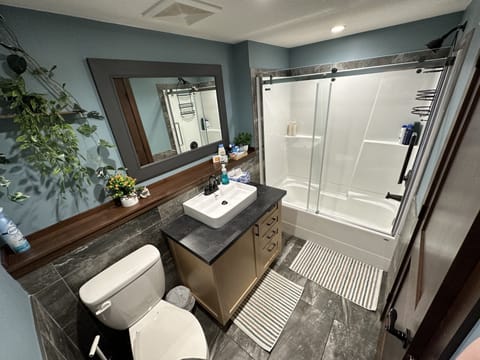 Combined shower/tub, eco-friendly toiletries, hair dryer, towels