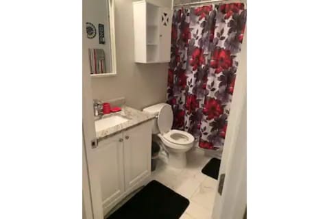 Combined shower/tub, towels, soap, toilet paper