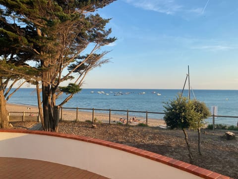 On the beach, sun loungers