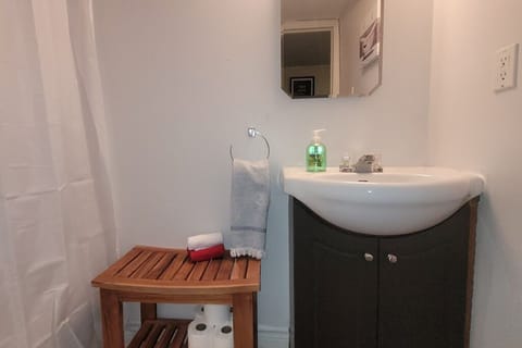 Combined shower/tub, hair dryer, towels, soap