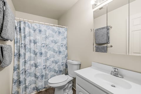 Combined shower/tub, towels, toilet paper