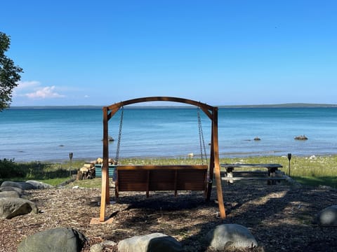 On the beach, sun loungers, beach towels