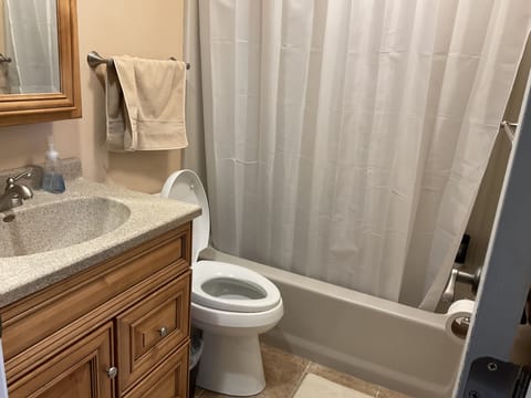 Combined shower/tub, towels