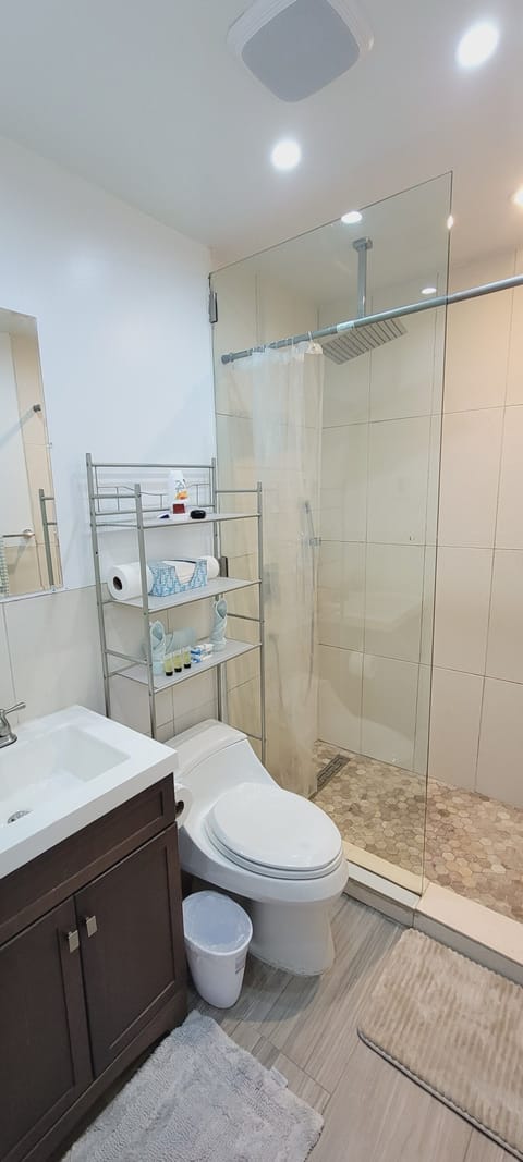 Combined shower/tub, hair dryer, towels, soap