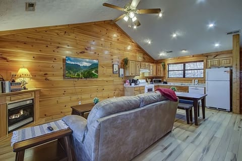 Living room with 55" TV and gas fireplace