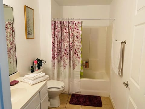 Combined shower/tub, hair dryer, bidet, towels