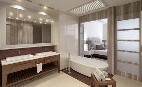 Shower, jetted tub, hair dryer, towels