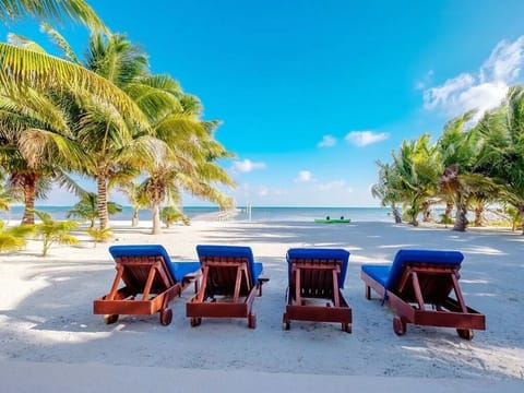 On the beach, sun loungers, beach towels