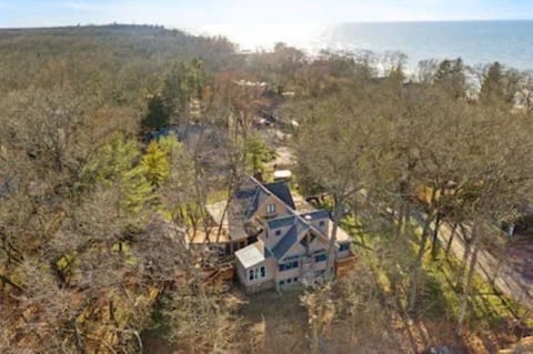 Aerial view of the spacious home. One block from Lake Michigan. 