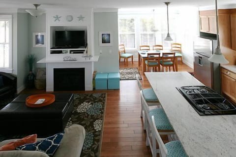 Flat screen TV, fireplace