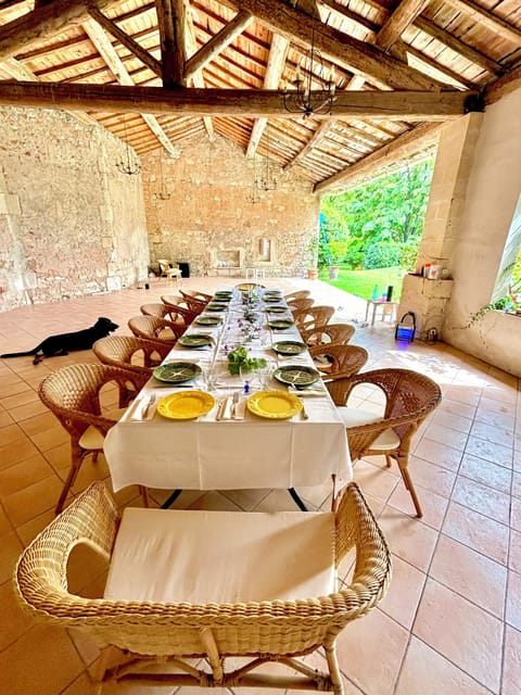 Dining in the pool area for an event