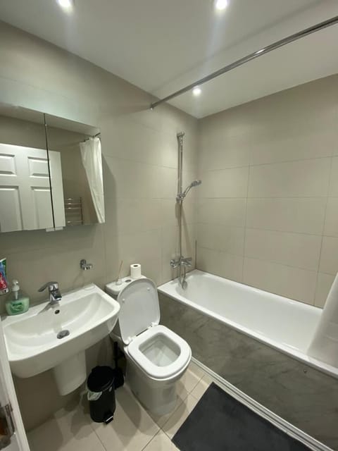 Combined shower/tub, hair dryer, towels