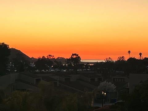 Ocean glimmering at twilight. View from the balcony.