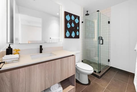 Combined shower/tub, hair dryer, towels