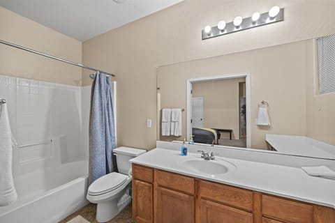 Combined shower/tub, hair dryer, towels, toilet paper
