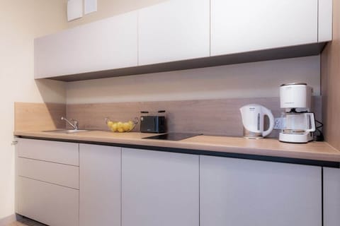 Fully equipped kitchenette with an induction hob, fridge, freezer, kettle, dishwasher, microwave, toaster, coffee maker and dining area