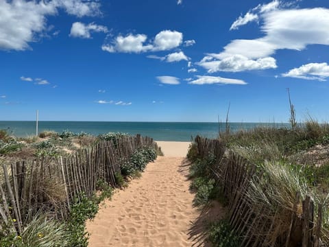 Beach nearby, sun loungers