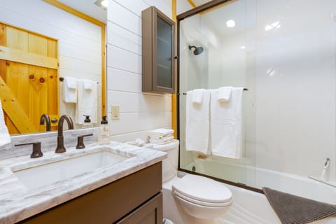 Combined shower/tub, hair dryer, towels, soap