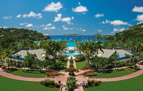 Overhead view of beach and pool area